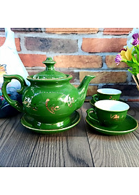 Bộ ấm chén Bát Tràng phú quý men xanh lục ngọc bảo họa tiết Phúc - Lộc - Thọ vẽ vàng 24k 