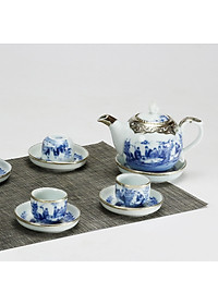 Bộ ấm chén men lam bọc đồng chóp lửa chính hãng gốm sứ Bát Tràng - bình trà, bộ bình uống trà cao cấp