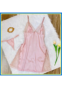 Q6 Váy ngủ lụa cao cấp  - Váy ngủ lụa phối ren xẻ tà - Đầm ngủ sexy hai dây gợi cảm- Váy ngủ nữ