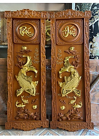 CẶP TRANH LÝ NGƯ  VỌNG NGUYỆT KHẮC CHỮ PHÚC ĐỨC BẰNG GỖ GÕ ĐỎ KT 37×117×4CM