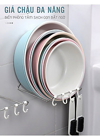 Giá Treo Rổ Rá, Thau Chậu và Dụng Cụ Bếp Dán Tường Không Khoan Đục Kèm 4 Móc Treo Đồ Tiện Lợi MTC1