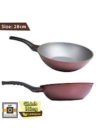 Combo 2 món cao cấp Hàn Quốc, nồi chống dính vân đá (K), quai chống nóng, nắp kính cường lực viền inox size 24 cm và Chảo đúc chống dính (E) Megastone cao cấp sâu lòng màu mận tím 28 cm, dùng bếp gas, hồng ngoại, ...  Hàng chính hãng
