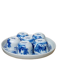 Bộ ấm chén men lam quai ngang Trúc Lâm Thất Hiền gốm sứ Bát Tràng (bộ bình uống trà, bộ bình trà)