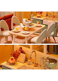 Nhà búp bê lắp ghép bằng gỗ có đèn Led, mẫu Comfortable Life tặng kèm dụng cụ lắp ráp, keo silicon