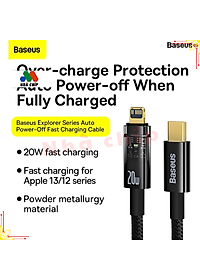 Cáp Sạc nhanh 20W tự ngắt Gen2 có đèn led báo Baseus Explorer Series cho iPhone13,12,11.....8plus/ iPad (Type C to IP Auto Power-Off, PD 20W Fast Charging Data Cable )- Hàng chính hãng