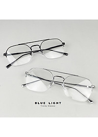 Gọng Kính Cận, Kính Giả Cận Nam Nữ Mắt Vuông Cỡ Vừa, Nửa Gọng Kim Loại Cứng Cáp, Màu Bạc, Đen - BLUE LIGHT