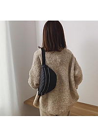 Túi Đeo Chéo Bao Tử Da Hàn Quốc Nữ Thêu Chỉ Nổi Hình Quả Trám Đen