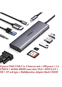 Ugreen UG15601CM498TK USB type C sang 1 x HDMI 4K30hz + 1 x VGA xuất cùng lúc + 1 x RJ45 1Gbps + TF + SD + 3 x USB 3.0 + 1 x 3.5mm NO MIC + 1 x USB-C PD 100W Bộ chuyển 10in1 - HÀNG CHÍNH HÃNG