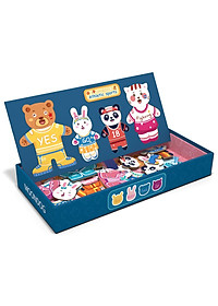 Bộ Đồ Chơi Xếp Hình thay quần áo gia đình nhà Thỏ- Gấu- Động Vật- Chất liệu gỗ, có nam châm