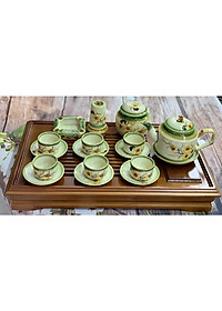 Bộ ấm trà + phụ kiện, men dong, họa tiết vẽ thủ công. Gốm sứ Bát Tràng.