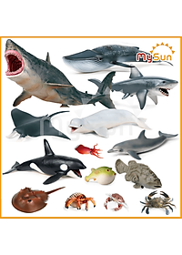Bộ đồ chơi mô hình sinh vật cua biển, cá mập megalodon, cá voi xanh sát thủ.