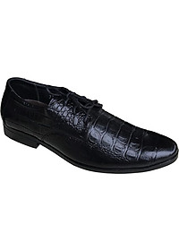 Giày tây nam buộc dây Trường Hải màu đen da bò thật dập vân cá sấu đế cao 3.5cm cao su không trơn  GT0791