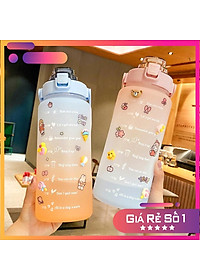 (Tặng sticker) Bình nước 2 lít  dành cho người lười uống nước bình nước cute 2L có ống hút, vạch chia nhắc giờ