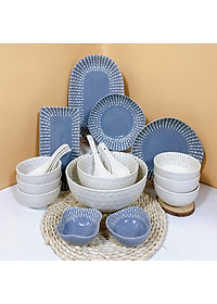 Bộ bát đĩa chén đĩa cao cấp Gosu họa tiết giọt nước màu trắng xám sang trọng