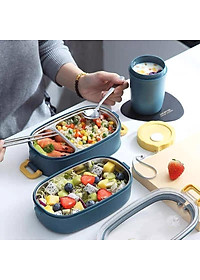 Hộp Cơm Văn Phòng Giữ Nhiệt  2 Lớp 2 Tầng Tiện Lợi Kèm Hộp Đựng Canh Soup và Bộ Đũa Thìa INOX – Chất Liệu INOX304An Toàn Cho Sức Khỏe – Hàng Chính Hãng MINIIN- Tặng Túi Đựng Cơm