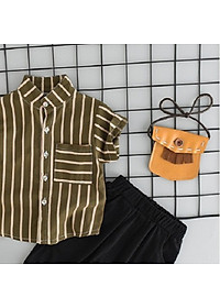 Set bé trai gồm sơ mi sọc ngắn tay và quần dài đen - Bộ quần áo bé trai từ 9-18kg (MKS-1125048)