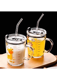 Cốc Pha Sữa Uống Nước Cốc Thuỷ Tinh Chịu Nhiệt Có Vạch Chia Dung Tích 400ML- Có Nắp Đậy Kín Chặt Kèm Ống hút Hút - Hàng Chính Hãng MINIIN