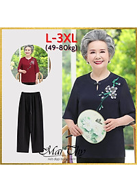 Đồ bộ nữ trung niên đồ bộ cho mẹ mặc nhà ống rộng, áo thêu hoa, vải voan mịn mát, có size lớn