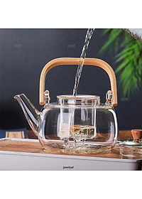 Ấm pha trà thuỷ tinh chịu nhiệt tay gỗ 1000ml có thể đun trên bế ga bếp hồng ngoại