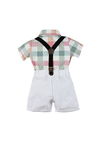 Bộ quần áo sơ sinh bé trai cao cấp, phong cách công tử, sơ mi cộc tay & quần dây đeo, áo cotton mịn mát, quần vải thô dày dặn | MB11