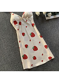Q121 Váy ngủ lụa hai dây dâu tây kèm mút ngực sexy  - Đầm ngủ lụa dâu tây gợi cảm - Váy ngủ