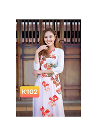 Áo dài Thúy Kiều in 3D lụa Nhật trắng hoa phượng đỏ K102