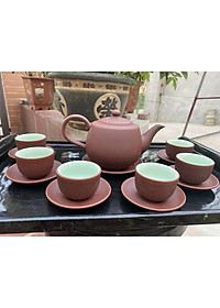 Ấm Chén Trà Tử Sa Bát Tràng Búp Sen Nâu Chỉ Đỏ