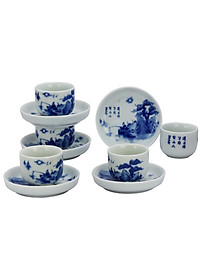 Bộ ấm chén men lam quai ngang vẽ Lã Vọng gốm sứ Bát Tràng (bộ bình uống trà, bộ bình trà)