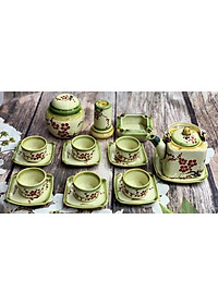 Bộ ấm trà + phụ kiện, men dong, họa tiết vẽ thủ công. Gốm sứ Bát Tràng.