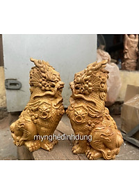 Cặp nghê giữ nhà phong thủy cầu tài lộc bằng gỗ bách xanh thơm nức kt cao 20cm 