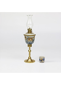 Đèn dầu thờ men rạn Bát Tràng chân đồng đắp nổi hoa sen