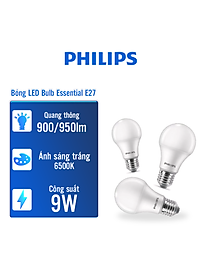 Combo 3 bóng Philips LED bulb Essential E27 9w ánh sáng trắng 6500K