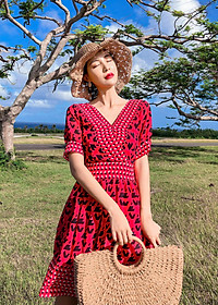 Váy maxi lửng dáng xòe, họa tiết thổ cẩm nổi bật, chất dày đẹp, đầm nữ vintage cổ chữ V, váy đi biển, du lịch đẹp | MX012