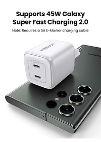 Ugreen UG15327CD294TK 45W 2C GaN chuẩn cắm EU chân tròn Màu Trắng Củ sạc nhanh 2 cổng USB-C - HÀNG CHÍNH HÃNG