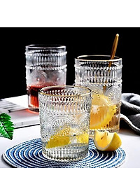 BỘ 6 CỐC THỦY TINH CHỊU NHIỆT CAO CẤP  UỐNG NƯỚC HOA VĂN TRỐNG ĐỒNG DẬP NỔI - ANTH674