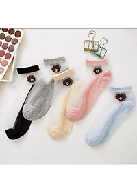 COMBO 10 ĐÔI TẤT NỮ CỔ NGẮN GẤU NÂU PHỐI LƯỚI TRONG SUỐT
