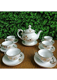 Bộ ấm chén vẽ sen kẻ chỉ vàng gốm sứ Bát Tràng
