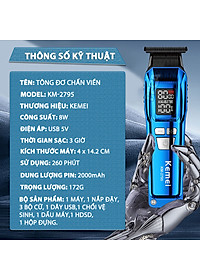 Tông đơ chấn viền Kemei KM-2795 lưỡi cắt mạ carbon DLC cao cấp công suất mạnh mẽ 8W sạc nhanh USB pin lâu - Chính hãng