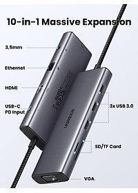 Ugreen UG15601CM498TK USB type C sang 1 x HDMI 4K30hz + 1 x VGA xuất cùng lúc + 1 x RJ45 1Gbps + TF + SD + 3 x USB 3.0 + 1 x 3.5mm NO MIC + 1 x USB-C PD 100W Bộ chuyển 10in1 - HÀNG CHÍNH HÃNG