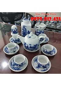 Bộ ấm chén men lam Bát Tràng tích Trúc Lâm Thất Hiền