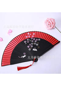 Quạt múa cổ trang dây tuyến viền đỏ cầm tay quà tặng xinh xắn cosplay phong cách tết