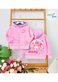 Áo khoác chống nắng có nón cho bé gái hình Labubu baby three từ 10-40kg chất da cá mịn mát
