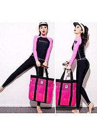 Set Đồ Bơi Ba Chi Tiết Đồ Bơi Nữ Tay Dài Quần Dài Màu Hồng Đen Chủ Đạo AT205 MayHomes Black-Pink Colored Long Sleeves And Long Pants Women Swimwear Set, UPF 50 Sun Protection