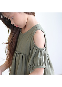 Đầm Bé Gái Kika Hở Vai Xanh Bộ Đội K109