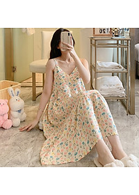 Váy 2 dây cho nữ mặc nhà vải lanh mềm mát, dáng xòe, nhiều họa tiết, freesize từ 45 đến 75 kg