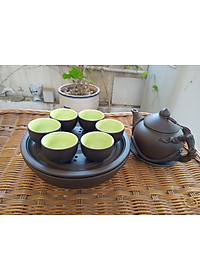Bộ ấm chén đắp nổi cội nguồn khay tròn gốm sứ Bát Tràng