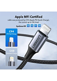 Ugreen UG60762US304TK 3m cáp usb type c ra lightning bọc nhôm chống nhiễu màu đen - HÀNG CHÍNH HÃNG