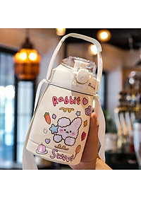 Bình Nước Giữ Nhiệt Cute 800ml Chất Liệu Inox 304 Giữ Nhiệt Không Gỉ Nóng Lạnh 24 Giờ Kèm Ống Hút Và Sticker - Hàng Loại 1 - Chính Hãng MINIIN