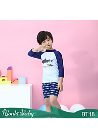 Bộ đồ bơi bé trai dài tay cá mập, vải bơi co giãn 4 chiều, có mũ bơi | BT18
