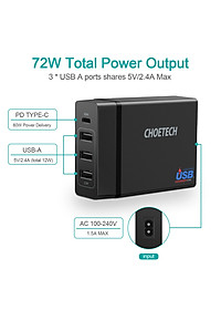 Cóc củ sạc nhanh 72W 3 cổng USB & 1 cổng PD Type-C 3.0 hiệu CHOETECH 1C3UEU-101BK cho điện thoại / máy tính bảng / Macbook / Laptop - Hàng chính hãng